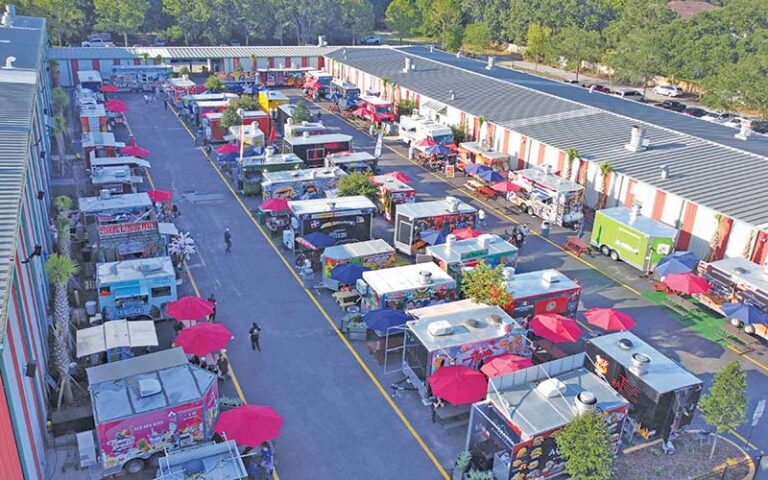 aerial view over courtyard with many food trucks at food trucks heaven kissimmee