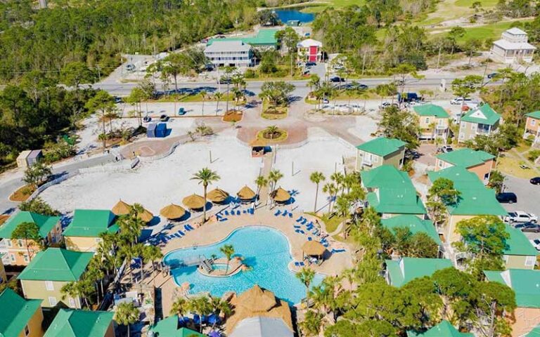 aerial pool with beach area at purple parrot village resort perdido key pensacola