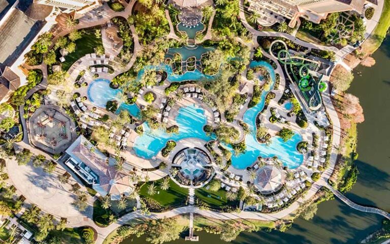 aerial view above water park and pool area at jw marriott orlando grande lakes