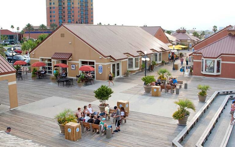 aerial view of boardwalk with shops at pensacola beach boardwalk