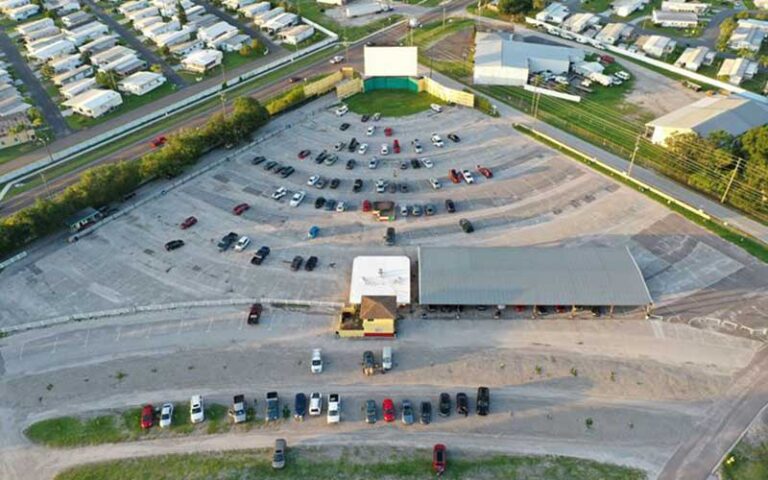 aerial view of drive in theater with cars and screen at silver moon drive in theatre lakeland