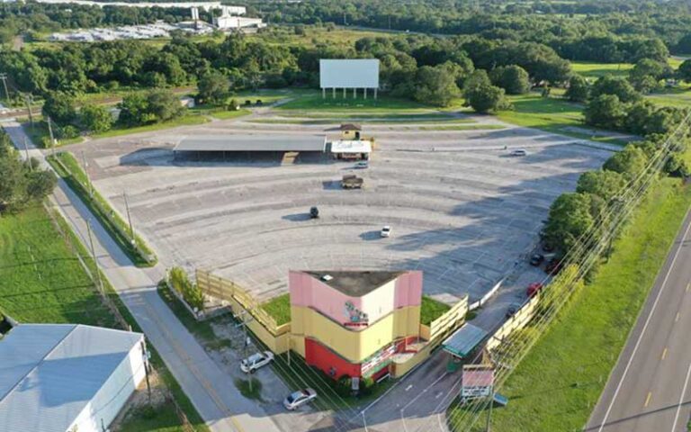 aerial view of drive in with screen and parking area at silver moon drive in theatre lakeland