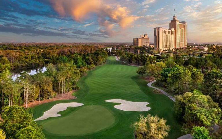 aerial view of golf course with hotel at jw marriott orlando grande lakes