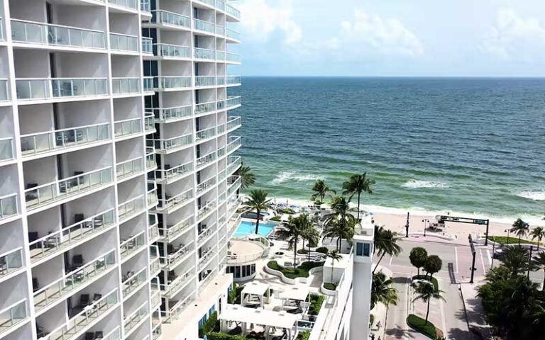 aerial view of hotel side balconies with ocean at hilton fort lauderdale beach resort