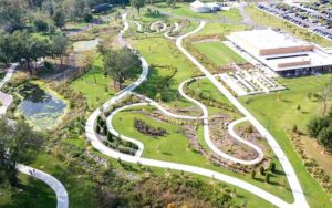 aerial view of park with winding paths and ponds at bonnet springs park lakeland