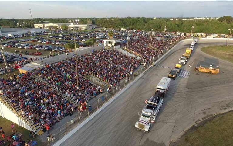 aerial view of race track with stands and trucks at auburndale speedway winter haven