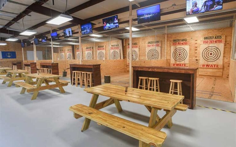 axe target areas with seating and tvs at grizzly axes pensacola