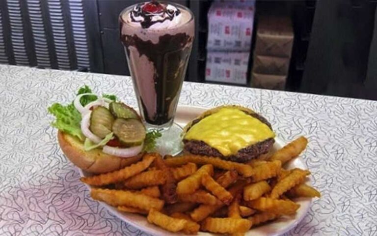burger and fries platter with chocolate shake at starlite diner daytona beach