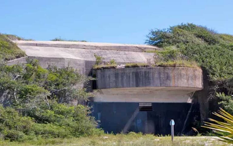 concrete bunker on hillside with trees at langdon battery at fort pickens pensacola