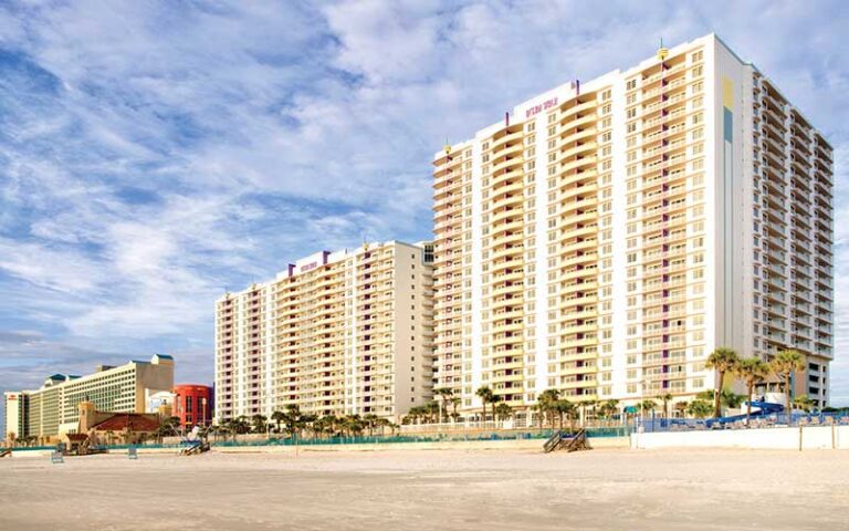 exterior of high rise hotels along beach at club wyndham ocean walk daytona beach