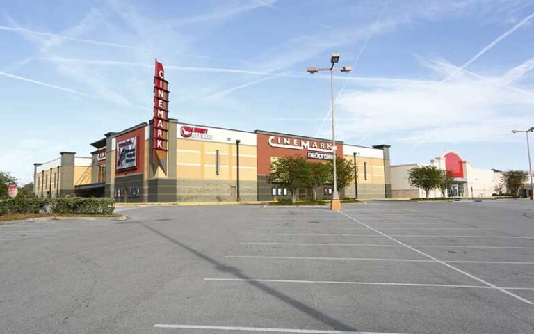 exterior of mall with cinemark theater and parking lot at lakeland square mall