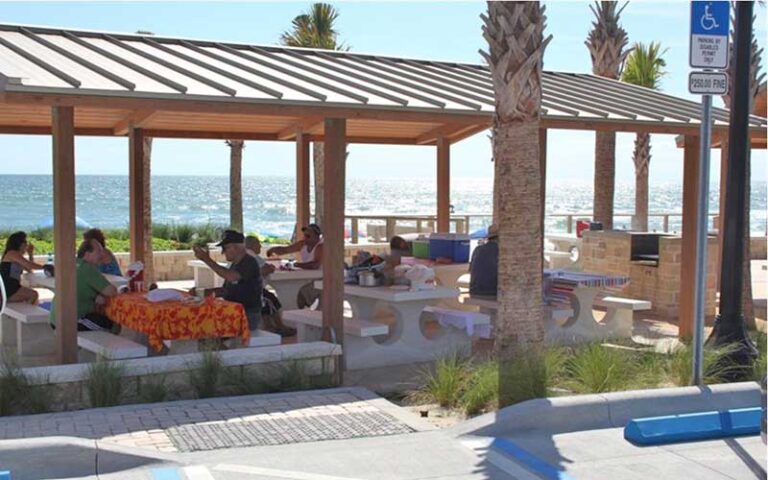 families at tables in pavilions with ocean behind at andy romano beachfront park ormond beach