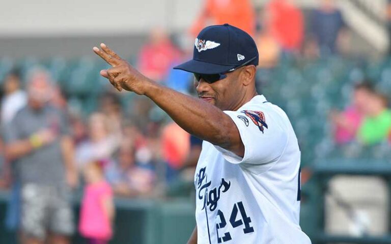 flying tigers baseball player waving at publix field at joker marchant stadium lakeland