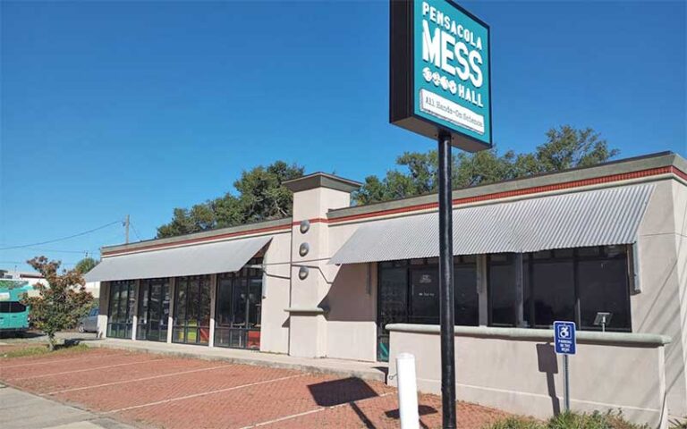 front exterior building with sign at pensacola mess hall