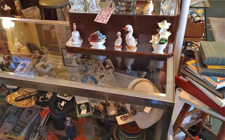 glass case with figurines and books at treasure house antiques collectibles winter haven