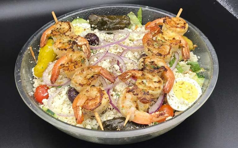 greek salad with shrimp kabob at andreas family restaurant winter haven
