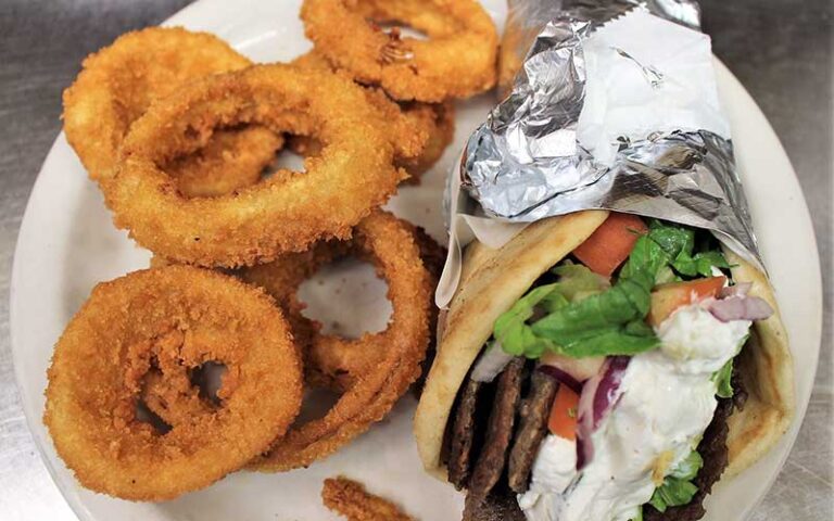 gyro with onion rings at cozy oaks restaurant lakeland