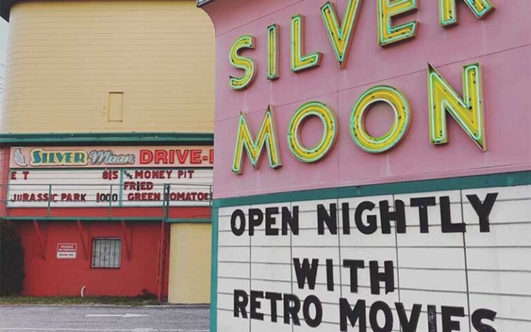 marquee sign with snack bar at silver moon drive in theatre lakeland