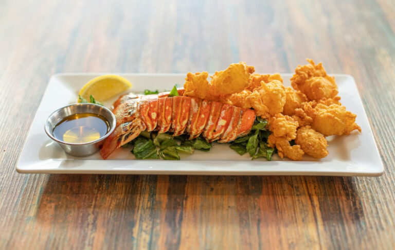 platter with lobster tail and fried shrimp at harborside winter haven