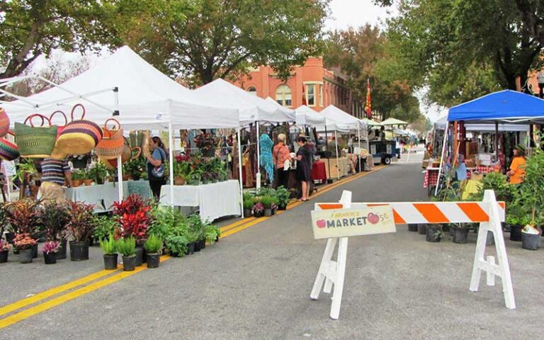 rows of booths in outdoor street at lakeland downtown farmers curb market