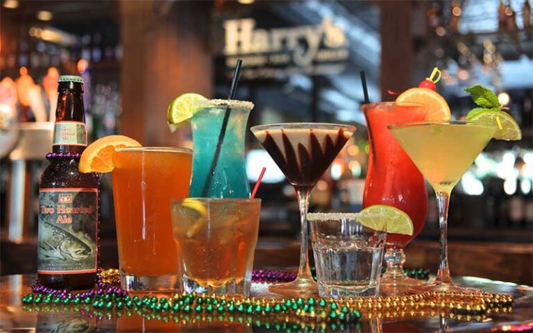 selection of colorful cocktails with bar background at harrys seafood bar grille lakeland