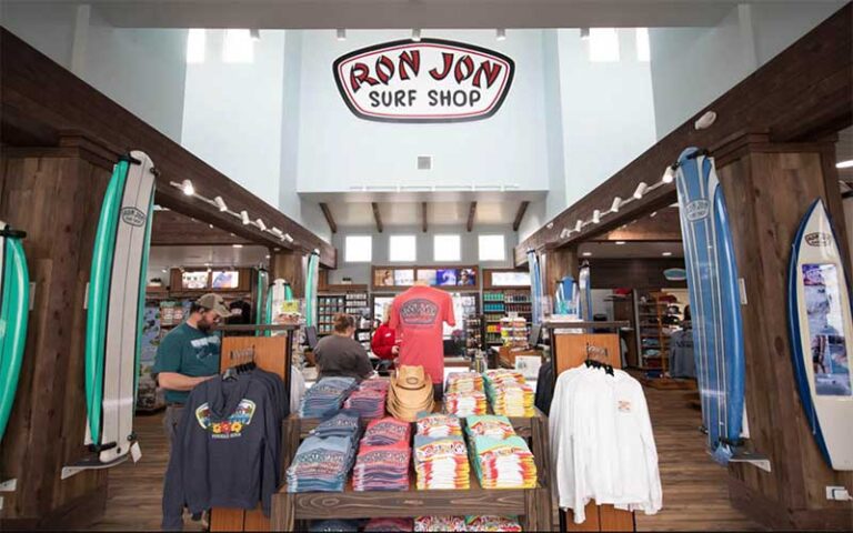 store interior with atrium clothing racks and surfboards at ron jon surf shop pensacola beach