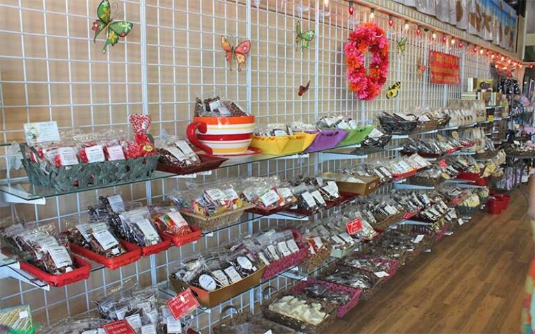 store racks with confections at angell phelps chocolate factory daytona beach