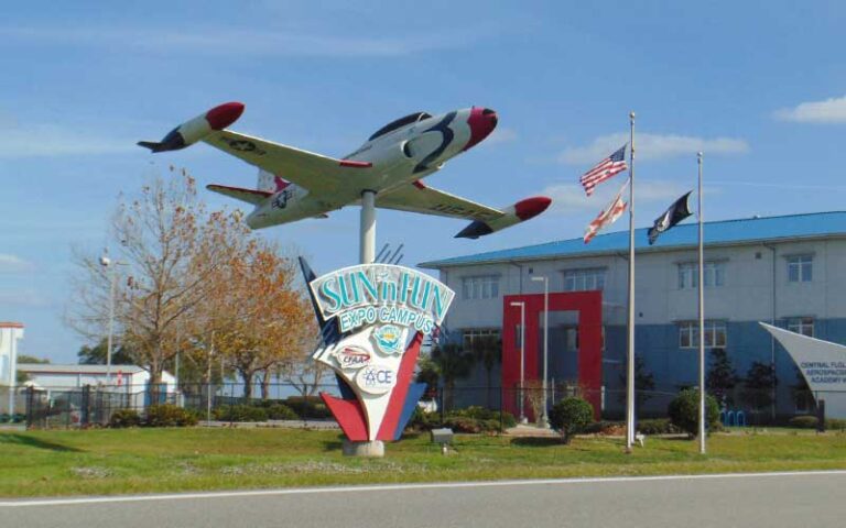 sun n fun campus sign with plane at florida air museum lakeland