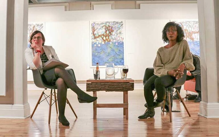 two ladies seated interview art talk at pensacola museum of art