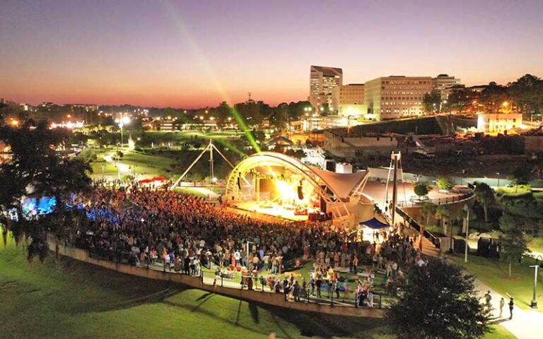 aerial of amphitheater during concert event at night at cascades park tallahassee