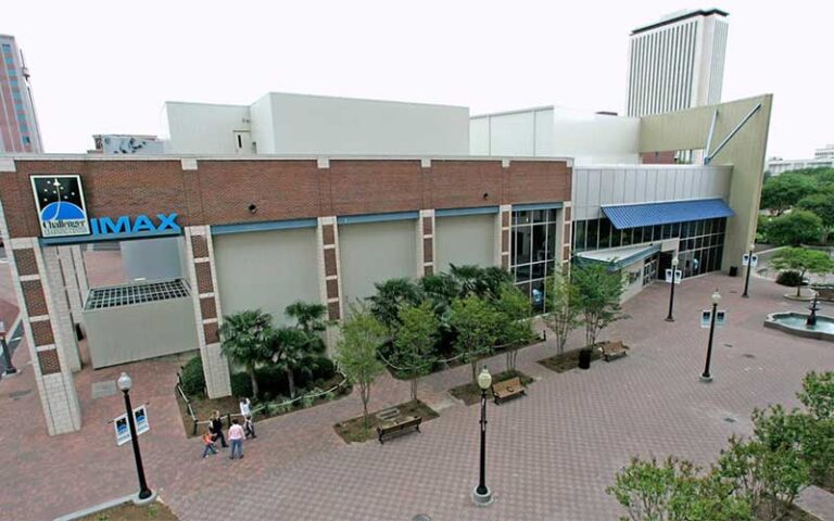 aerial view of museum building with imax sign at challenger learning center of tallahassee