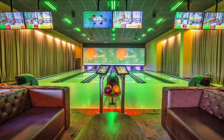bowling lanes with luxury seating and screens at district 850 tallahassee