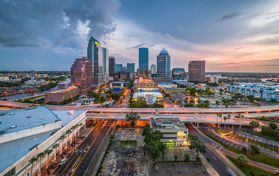 city skyline aerial view with dramatic twilight sky clouds tampa