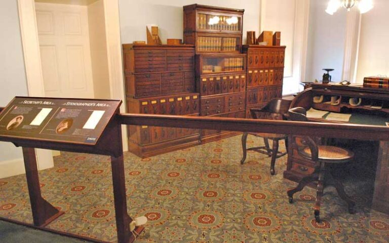 exhibit with wooden desks and book shelves at florida historic capitol museum tallahassee