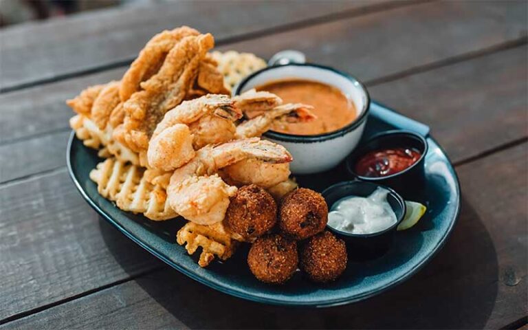 fried seafood sampler with dips at walk ons sports bistreaux lakeland