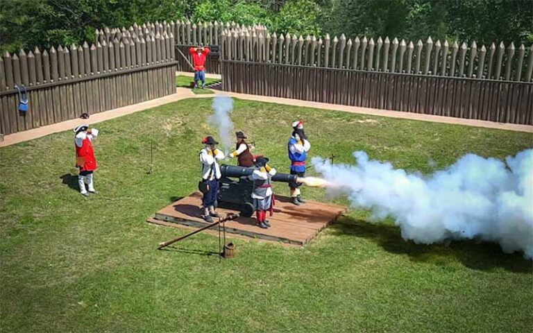 men in colonial costume firing cannon at mission san luis tallahassee