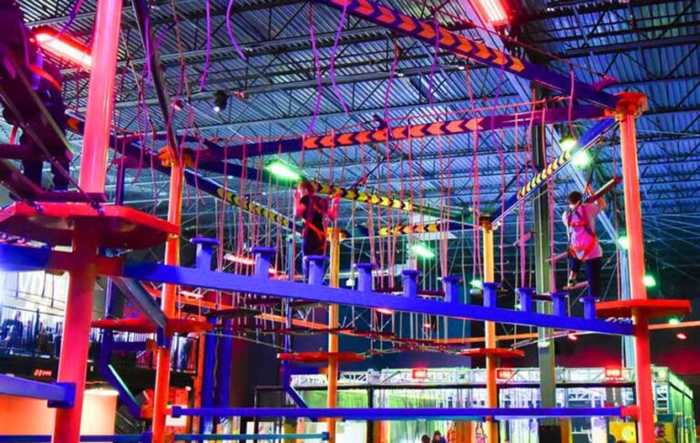 overhead obstacle ropes course frame at urban air trampoline adventure park