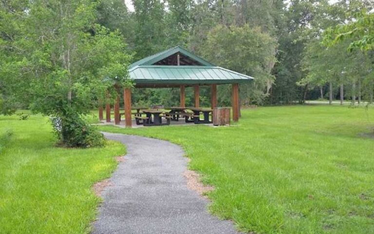 picnic pavilion off path with grass and trees at tallahassee st marks historic railroad state trail