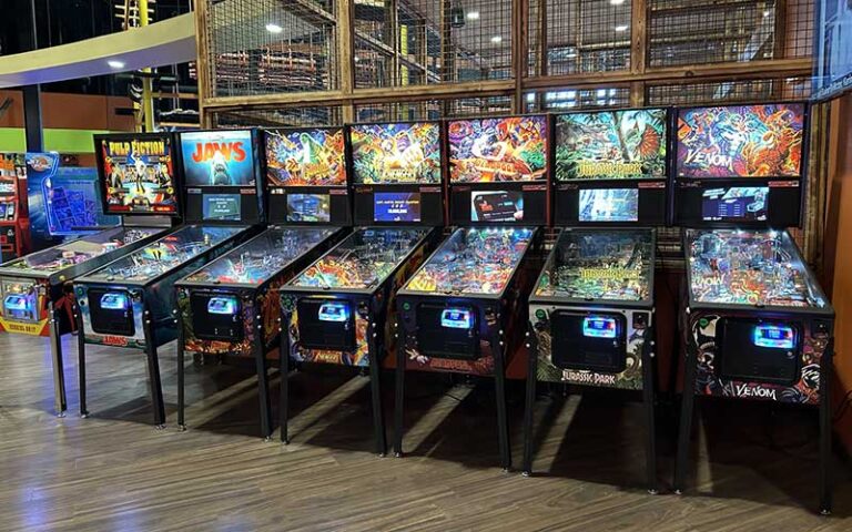 row of retro pinball machines in arcade at district 850 tallahassee
