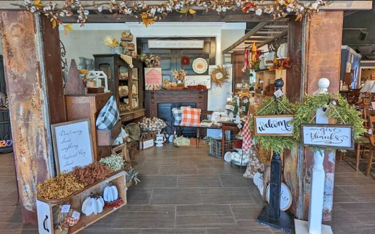 rustic decor in baskets under arbor at rabbit creek market tallahassee