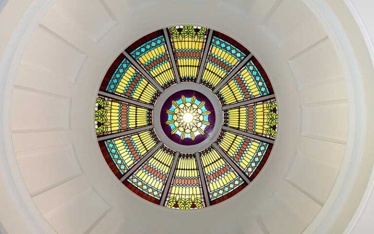 stained glass round rose window in ceiling dome at florida historic capitol museum tallahassee