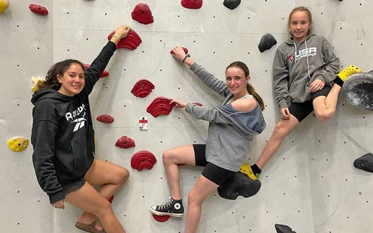 three young girls on wall at alchemy climbing tallahassee