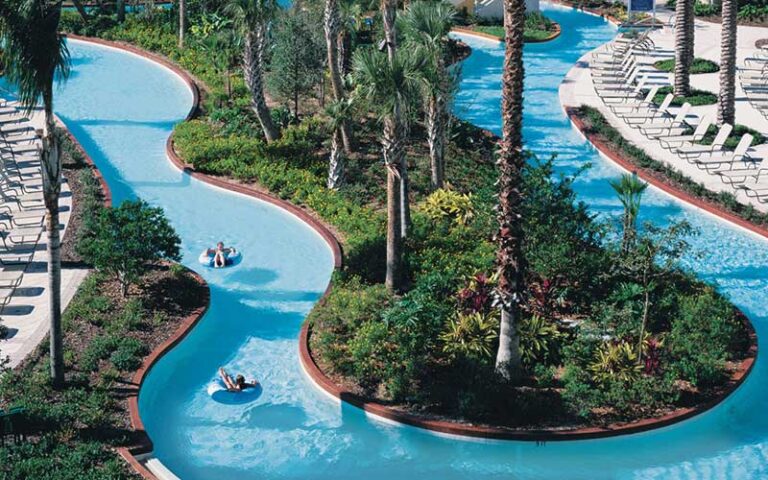 aerial view of lazy river with tubers at omni orlando resort at championsgate