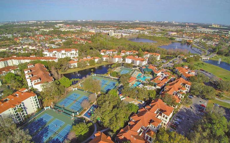 aerial with resort buildings and golf course at star island resort spa kissimmee