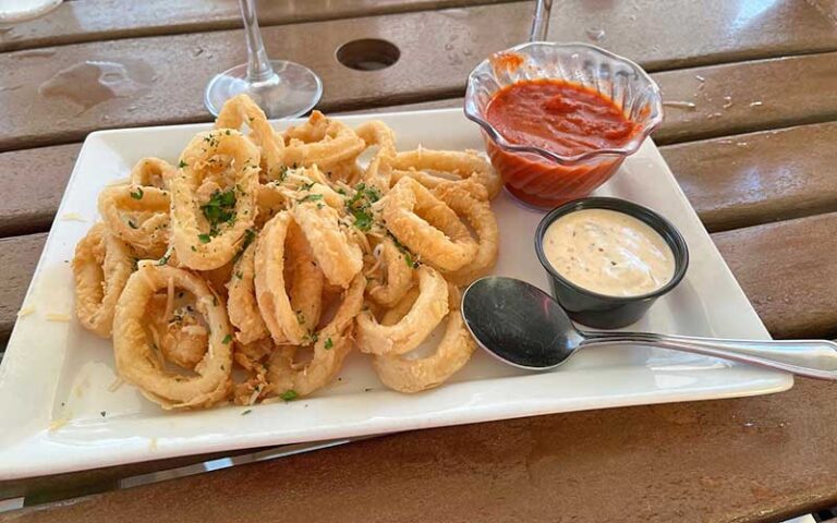 calamari platter with sauces on patio table at bretts waterway cafe fernandina beach amelia island