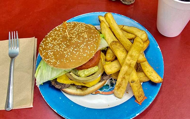 deluxe hamburger with fries on plate and red table at t rays burger station fernandina beach amelia island