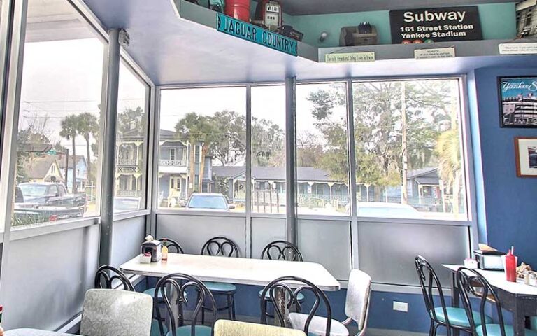 dining room interior with windows and garage decor at t rays burger station fernandina beach amelia island