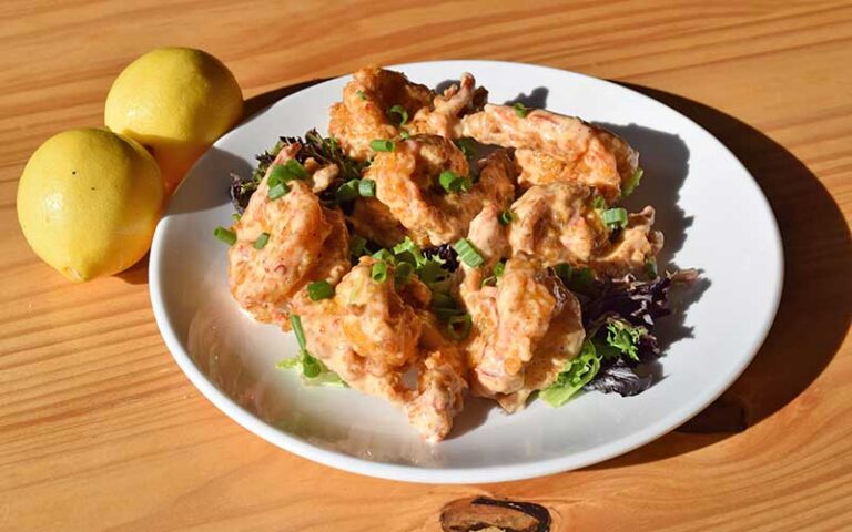 fried seafood entree with lemon at down under restaurant fernandina beach amelia island