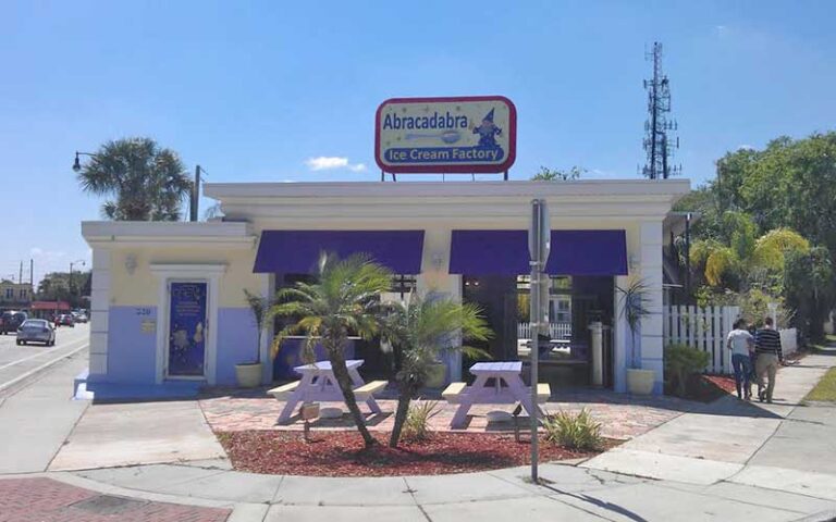 front daytime exterior of restaurant with tables outside at abracadabra ice cream factory kissimmee