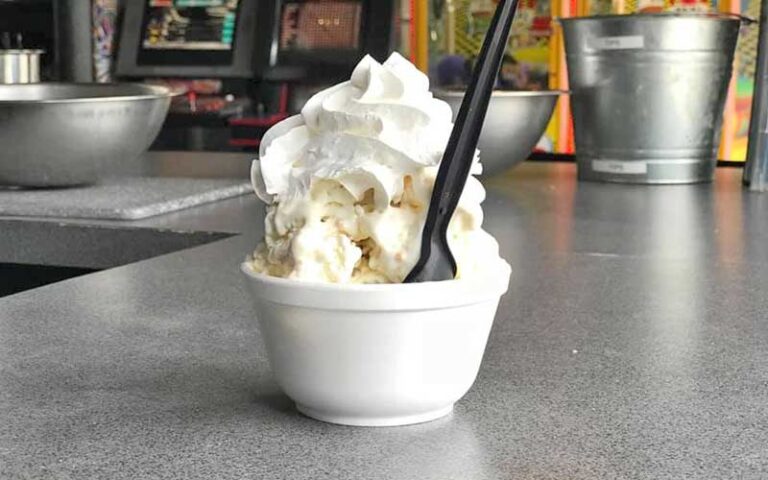 ice cream with whipped topping in styrofoam bowl on metal countertop at abracadabra ice cream factory kissimmee